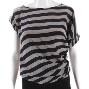 BCBGMaxAzria Womens Striped Lacey Blouse Beige Navy Blue